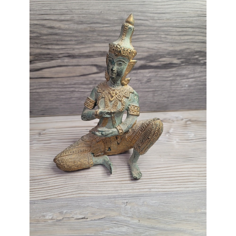 vintage bronze thai Deity Musician Prince. Guilt & Green Patina Finish